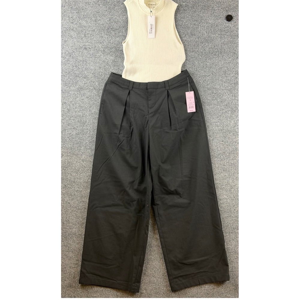 2pc Outfit Black Wide Leg Pants & Drop Ivory Ribbed Top Set Small NWT Office New